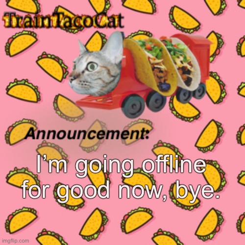 TrainTacoCat | I’m going offline for good now, bye. | image tagged in traintacocat | made w/ Imgflip meme maker