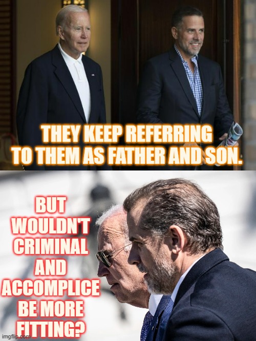 Joe and Hunter Biden | BUT WOULDN'T CRIMINAL AND ACCOMPLICE BE MORE FITTING? THEY KEEP REFERRING TO THEM AS FATHER AND SON. | image tagged in memes,politics,joe biden,hunter biden,criminal,partners in crime | made w/ Imgflip meme maker