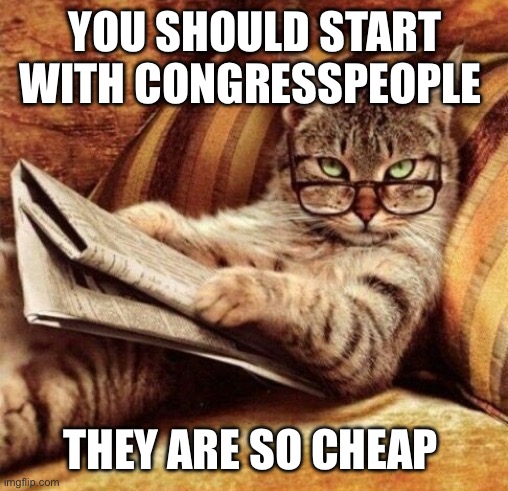 cat-newspaper | YOU SHOULD START WITH CONGRESSPEOPLE THEY ARE SO CHEAP | image tagged in cat-newspaper | made w/ Imgflip meme maker