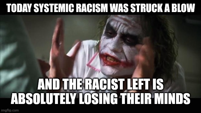 Bad day for lib racists | TODAY SYSTEMIC RACISM WAS STRUCK A BLOW; AND THE RACIST LEFT IS ABSOLUTELY LOSING THEIR MINDS | image tagged in memes,and everybody loses their minds | made w/ Imgflip meme maker