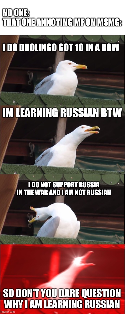 Bro I don’t remember asking if u even have duolingo let alone what language ur learning | NO ONE: 
THAT ONE ANNOYING MF ON MSMG:; I DO DUOLINGO GOT 10 IN A ROW; IM LEARNING RUSSIAN BTW; I DO NOT SUPPORT RUSSIA IN THE WAR AND I AM NOT RUSSIAN; SO DON’T YOU DARE QUESTION WHY I AM LEARNING RUSSIAN | image tagged in blanknft,memes,inhaling seagull | made w/ Imgflip meme maker