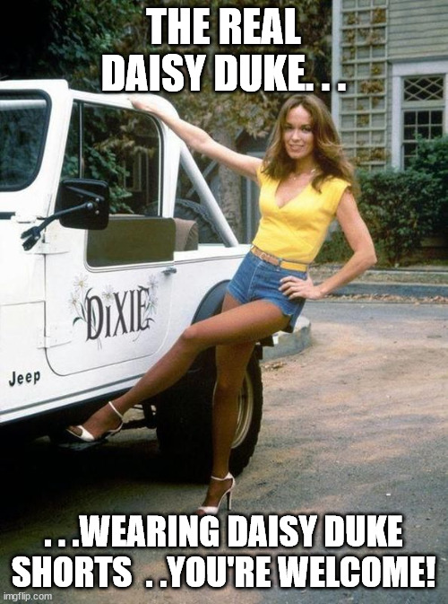 Daisy Duke | THE REAL DAISY DUKE. . . . . .WEARING DAISY DUKE SHORTS  . .YOU'RE WELCOME! | image tagged in daisy duke | made w/ Imgflip meme maker