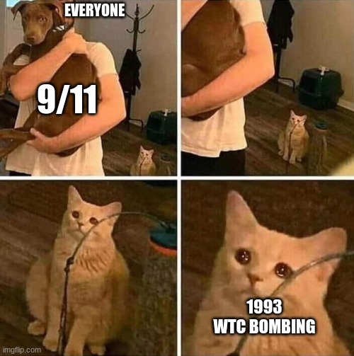 People are forgetting about this event | EVERYONE; 9/11; 1993 WTC BOMBING | image tagged in crying cat comic | made w/ Imgflip meme maker