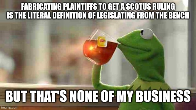 Kermit sipping tea | FABRICATING PLAINTIFFS TO GET A SCOTUS RULING IS THE LITERAL DEFINITION OF LEGISLATING FROM THE BENCH; BUT THAT'S NONE OF MY BUSINESS | image tagged in kermit sipping tea | made w/ Imgflip meme maker