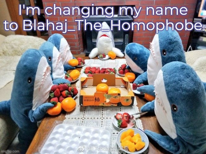 We discussin | I'm changing my name to Blahaj_The_Homophobe | image tagged in we discussin | made w/ Imgflip meme maker