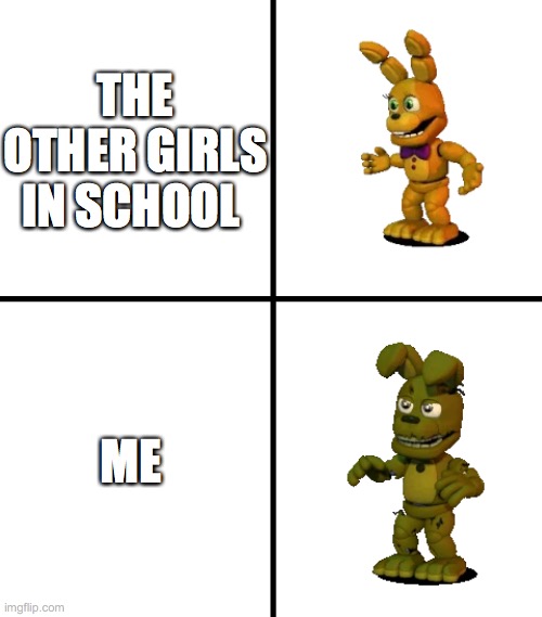 None of you have ever felt this way, have you? | THE OTHER GIRLS IN SCHOOL; ME | image tagged in expectations vs reality fnaf world edit,me vs them,fnaf,fnaf world,plushtrap,spring bonnie | made w/ Imgflip meme maker
