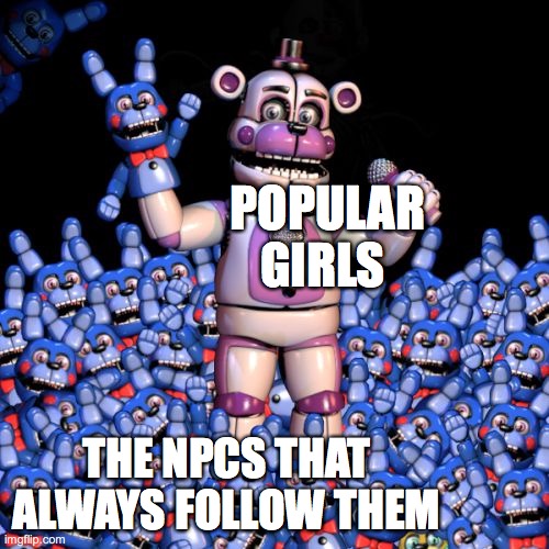 Popular girls and their henchwomen | POPULAR GIRLS; THE NPCS THAT ALWAYS FOLLOW THEM | image tagged in fnaf 7 the disease,fnaf,popular girls,npcs,funtime freddy and bonbon,school | made w/ Imgflip meme maker
