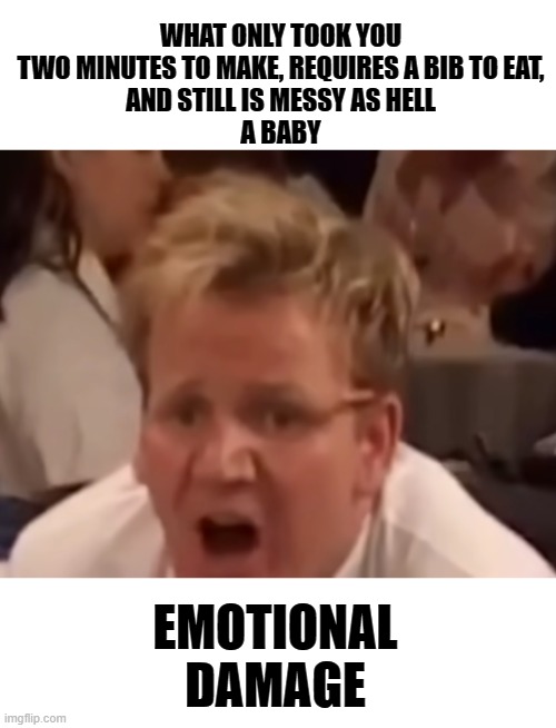 Emotional Damage | WHAT ONLY TOOK YOU TWO MINUTES TO MAKE, REQUIRES A BIB TO EAT,
AND STILL IS MESSY AS HELL
A BABY; EMOTIONAL
DAMAGE | image tagged in gordon ramsey lamb souce,memes,funny memes,funny | made w/ Imgflip meme maker