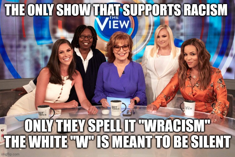 They are just terrible people | THE ONLY SHOW THAT SUPPORTS RACISM; ONLY THEY SPELL IT "WRACISM"
THE WHITE "W" IS MEANT TO BE SILENT | image tagged in the view | made w/ Imgflip meme maker