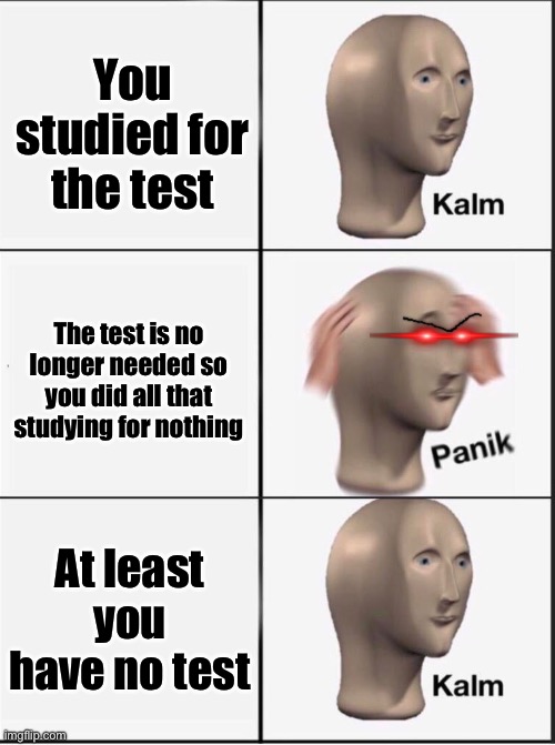 It’s so frustrating! | You studied for the test; The test is no longer needed so you did all that studying for nothing; At least you have no test | image tagged in reverse kalm panik,memes | made w/ Imgflip meme maker