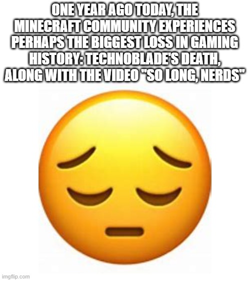 it's been a whole year... | ONE YEAR AGO TODAY, THE MINECRAFT COMMUNITY EXPERIENCES PERHAPS THE BIGGEST LOSS IN GAMING HISTORY: TECHNOBLADE'S DEATH, ALONG WITH THE VIDEO "SO LONG, NERDS" | image tagged in technoblade,sad but true | made w/ Imgflip meme maker