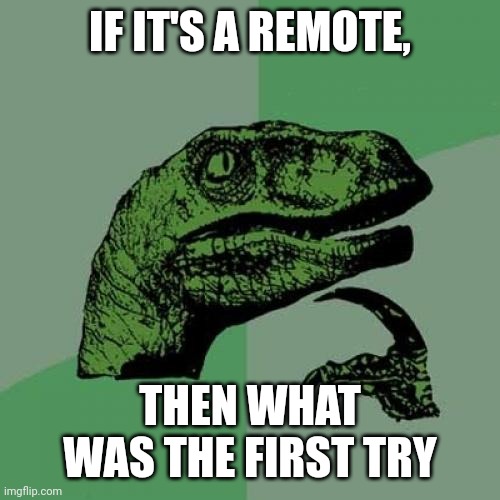 Think about it | IF IT'S A REMOTE, THEN WHAT WAS THE FIRST TRY | image tagged in memes,philosoraptor | made w/ Imgflip meme maker