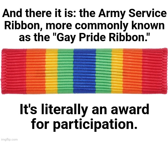 And there it is: the Army Service
Ribbon, more commonly known
as the "Gay Pride Ribbon." It's literally an award
for participation. | made w/ Imgflip meme maker