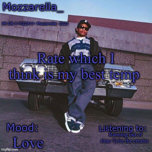 Eazy-E Temp | Rate which I think is my best temp; Running out of time-Tyler the creator; Love | image tagged in eazy-e temp | made w/ Imgflip meme maker