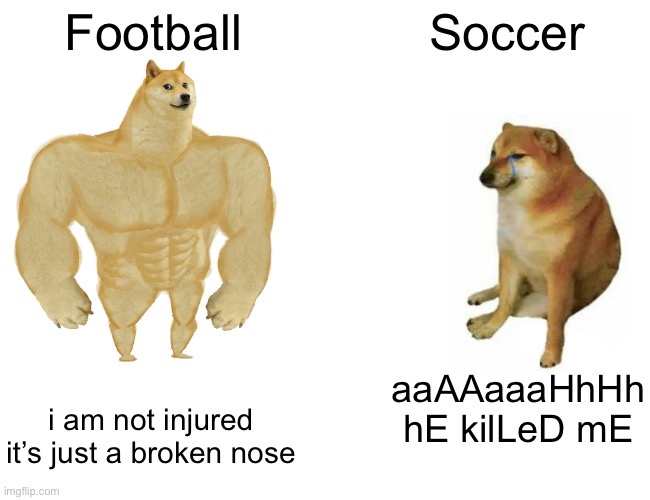 Not saying either sport is better | Football; Soccer; aaAAaaaHhHh
hE kilLeD mE; i am not injured it’s just a broken nose | image tagged in memes,buff doge vs cheems | made w/ Imgflip meme maker