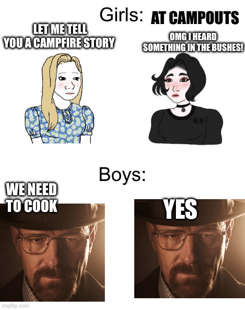 Image title | LET ME TELL YOU A CAMPFIRE STORY; AT CAMPOUTS; OMG I HEARD SOMETHING IN THE BUSHES! WE NEED TO COOK; YES | image tagged in wojak girls vs boys | made w/ Imgflip meme maker