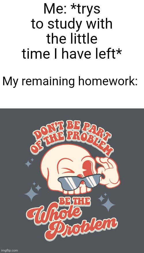 problems | Me: *trys to study with the little time I have left*; My remaining homework: | image tagged in problems,school,relatable,studying,homework | made w/ Imgflip meme maker