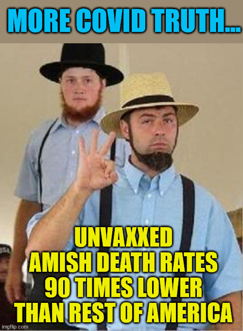 More Covid Truth... | MORE COVID TRUTH... UNVAXXED AMISH DEATH RATES 90 TIMES LOWER THAN REST OF AMERICA | image tagged in amish approved,covid vaccine,truth | made w/ Imgflip meme maker