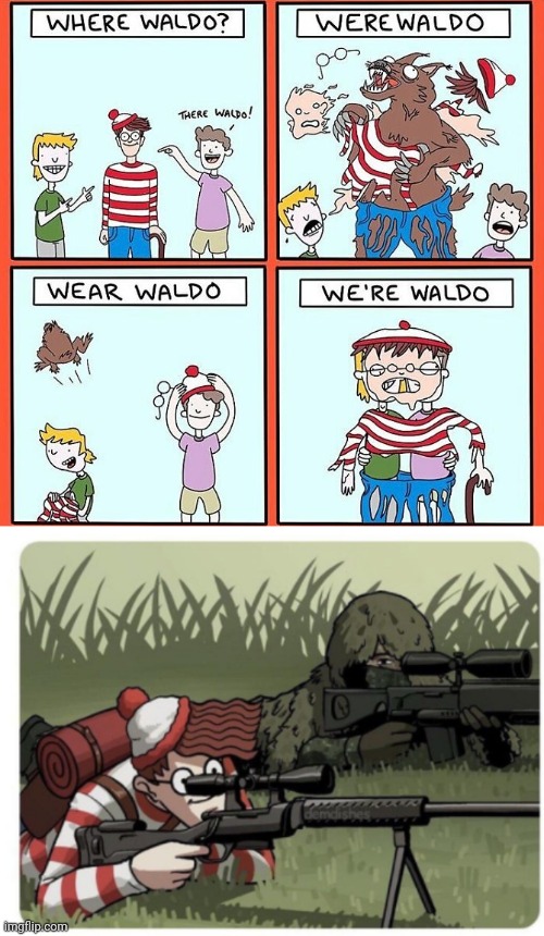 Werewaldo | image tagged in waldo sniper,dark humor,waldo,where's waldo,comic,memes | made w/ Imgflip meme maker