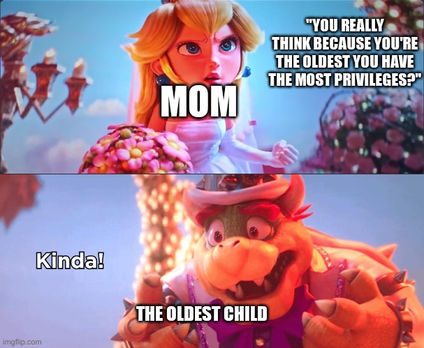 It's true tho. | "YOU REALLY THINK BECAUSE YOU'RE THE OLDEST YOU HAVE THE MOST PRIVILEGES?"; MOM; THE OLDEST CHILD | image tagged in kinda | made w/ Imgflip meme maker