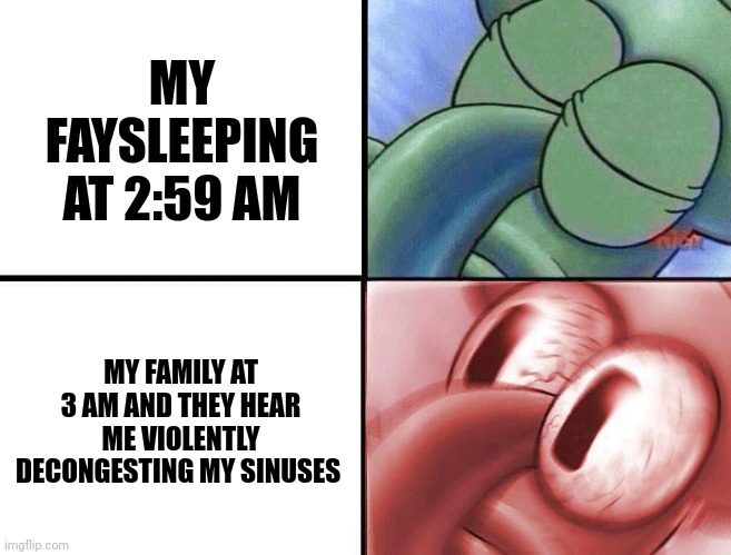 Violent decongesting | MY FAYSLEEPING AT 2:59 AM; MY FAMILY AT 3 AM AND THEY HEAR ME VIOLENTLY DECONGESTING MY SINUSES | image tagged in sleeping squidward | made w/ Imgflip meme maker