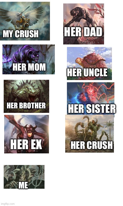 Gg ez | HER DAD; MY CRUSH; HER MOM; HER UNCLE; HER SISTER; HER BROTHER; HER EX; HER CRUSH; ME | image tagged in crush family,relatable,hiaiooo | made w/ Imgflip meme maker