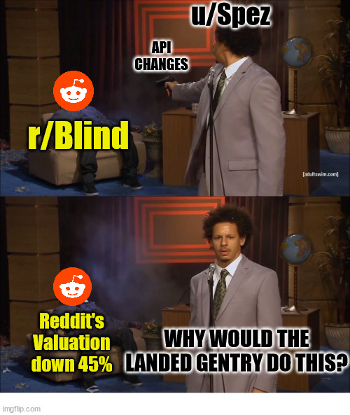 Current State of Reddit | u/Spez; API CHANGES; r/Blind; WHY WOULD THE LANDED GENTRY DO THIS? Reddit's Valuation down 45% | image tagged in memes,who killed hannibal,reddit,api | made w/ Imgflip meme maker