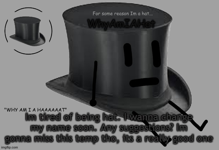 Hat announcement temp | Im tired of being hat. I wanna change my name soon. Any suggestions? Im gonna miss this temp tho, its a really good one | image tagged in hat announcement temp | made w/ Imgflip meme maker