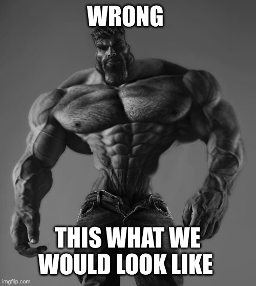 GigaChad | WRONG THIS WHAT WE WOULD LOOK LIKE | image tagged in gigachad | made w/ Imgflip meme maker