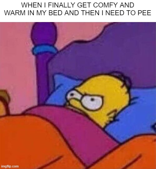 angry homer simpson in bed | WHEN I FINALLY GET COMFY AND WARM IN MY BED AND THEN I NEED TO PEE | image tagged in angry homer simpson in bed | made w/ Imgflip meme maker
