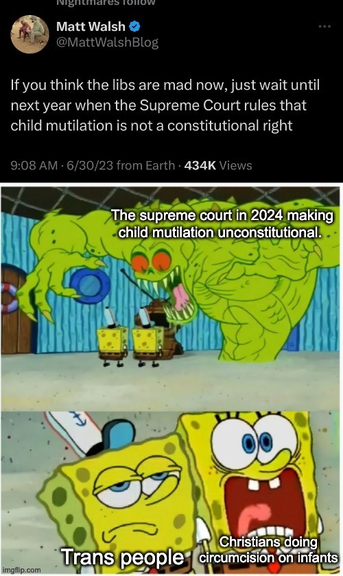 Leave it to the man who wants your teenage daughter knocked up to have serious concerns about children's' well-being. | image tagged in spongebob squarepants scared but also not scared,matt walsh,groomer,transgender,lgbtq,circumcision | made w/ Imgflip meme maker