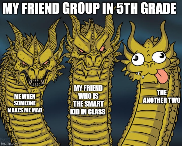 It's true | MY FRIEND GROUP IN 5TH GRADE; MY FRIEND WHO IS THE SMART KID IN CLASS; THE ANOTHER TWO; ME WHEN SOMEONE MAKES ME MAD | image tagged in three-headed dragon | made w/ Imgflip meme maker