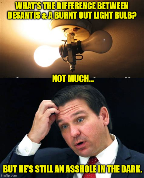 Ron DeFascist | WHAT'S THE DIFFERENCE BETWEEN DESANTIS & A BURNT OUT LIGHT BULB? NOT MUCH... BUT HE'S STILL AN ASSHOLE IN THE DARK. | image tagged in fascist,florida,maga,asshole,gop,loser | made w/ Imgflip meme maker