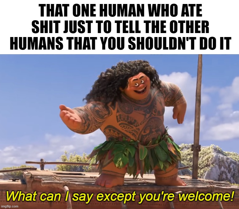 you're welcome without subs | THAT ONE HUMAN WHO ATE SHIT JUST TO TELL THE OTHER HUMANS THAT YOU SHOULDN'T DO IT; What can I say except you're welcome! | image tagged in you're welcome without subs | made w/ Imgflip meme maker