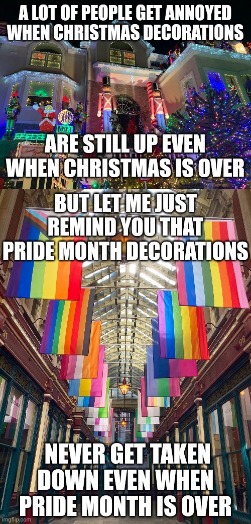 Pride month may be over but the decorations are still up | A LOT OF PEOPLE GET ANNOYED WHEN CHRISTMAS DECORATIONS; ARE STILL UP EVEN WHEN CHRISTMAS IS OVER; BUT LET ME JUST REMIND YOU THAT PRIDE MONTH DECORATIONS; NEVER GET TAKEN DOWN EVEN WHEN PRIDE MONTH IS OVER | image tagged in christmas,pride month,gay pride,lgbtq,holidays | made w/ Imgflip meme maker