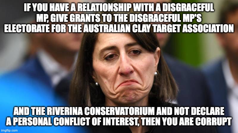 Gladys Berejiklian is corrupt and should be indicted | IF YOU HAVE A RELATIONSHIP WITH A DISGRACEFUL MP, GIVE GRANTS TO THE DISGRACEFUL MP'S ELECTORATE FOR THE AUSTRALIAN CLAY TARGET ASSOCIATION; AND THE RIVERINA CONSERVATORIUM AND NOT DECLARE A PERSONAL CONFLICT OF INTEREST, THEN YOU ARE CORRUPT | image tagged in gladys koala killer b,transparency,gladys berejiklian,nsw,auspol | made w/ Imgflip meme maker