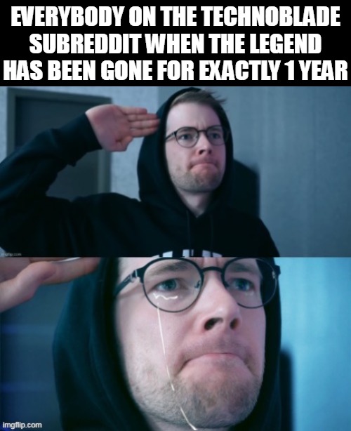 (partly an emotional meme) | EVERYBODY ON THE TECHNOBLADE SUBREDDIT WHEN THE LEGEND HAS BEEN GONE FOR EXACTLY 1 YEAR | image tagged in dantdm salute,memes,technoblade,respect,salute,crying salute | made w/ Imgflip meme maker