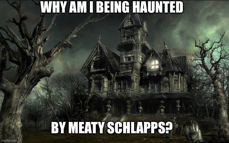 Haunted House | WHY AM I BEING HAUNTED; BY MEATY SCHLAPPS? | image tagged in haunted house | made w/ Imgflip meme maker