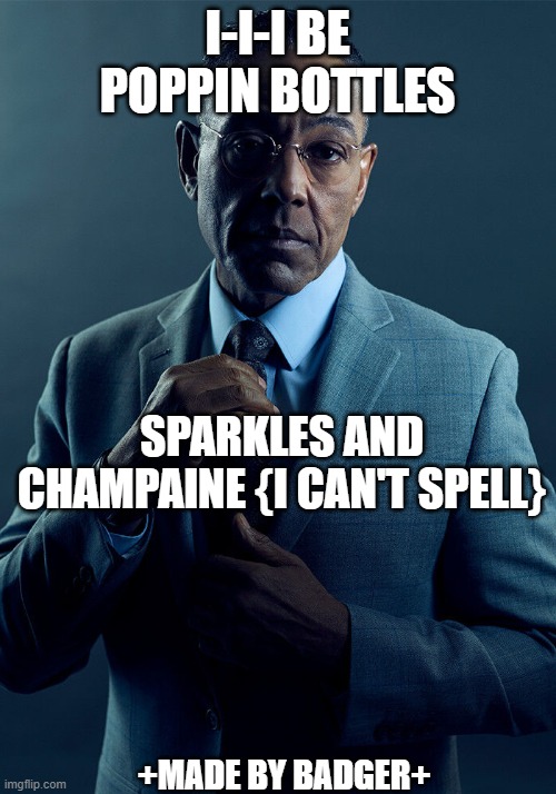 Gus Fring we are not the same | I-I-I BE POPPIN BOTTLES; SPARKLES AND CHAMPAINE {I CAN'T SPELL}; +MADE BY BADGER+ | image tagged in gus fring we are not the same | made w/ Imgflip meme maker