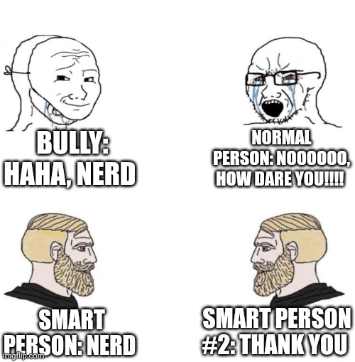 Chad we know | BULLY: HAHA, NERD; NORMAL PERSON: NOOOOOO, HOW DARE YOU!!!! SMART PERSON #2: THANK YOU; SMART PERSON: NERD | image tagged in chad we know | made w/ Imgflip meme maker