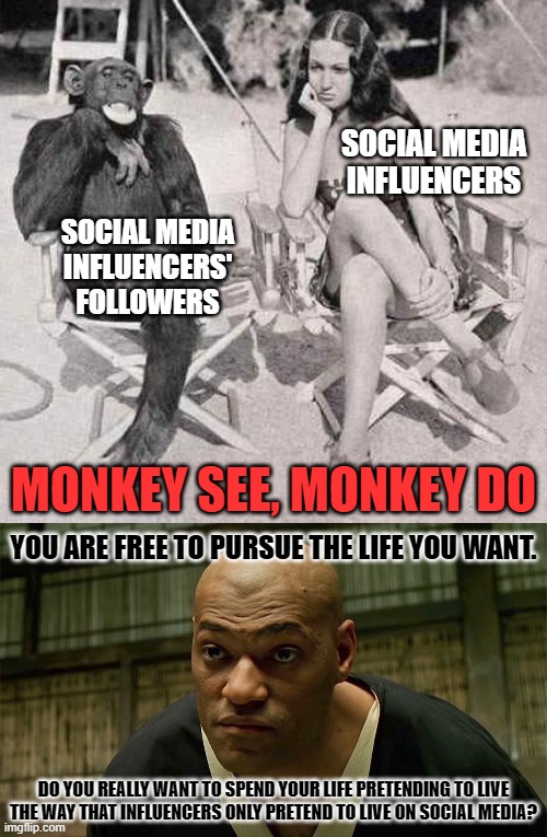 A real mentor helps you pursue your best life. Not copy theirs. | SOCIAL MEDIA
INFLUENCERS; SOCIAL MEDIA
INFLUENCERS'
FOLLOWERS; MONKEY SEE, MONKEY DO; YOU ARE FREE TO PURSUE THE LIFE YOU WANT. DO YOU REALLY WANT TO SPEND YOUR LIFE PRETENDING TO LIVE THE WAY THAT INFLUENCERS ONLY PRETEND TO LIVE ON SOCIAL MEDIA? | image tagged in morpheus do you really think,social media,freedom,life,fake people,pretending to be happy hiding crying behind a mask | made w/ Imgflip meme maker