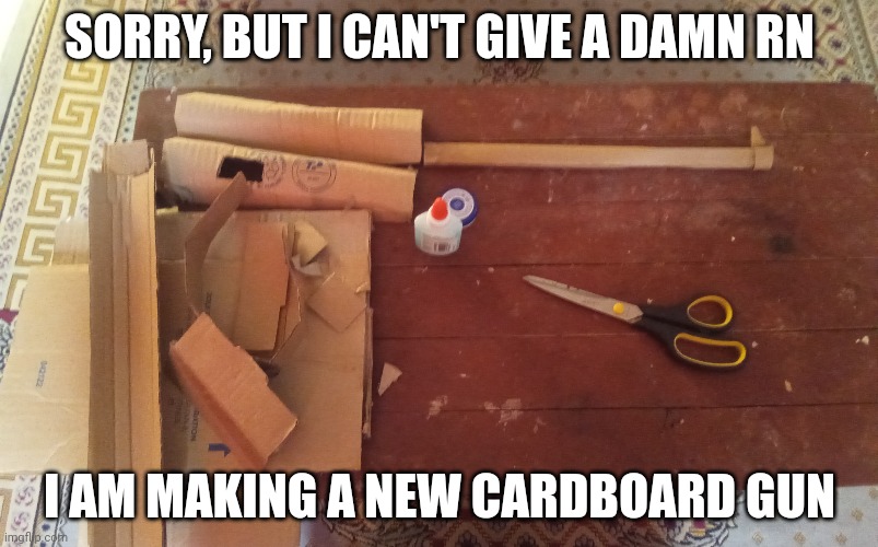 SORRY, BUT I CAN'T GIVE A DAMN RN; I AM MAKING A NEW CARDBOARD GUN | made w/ Imgflip meme maker