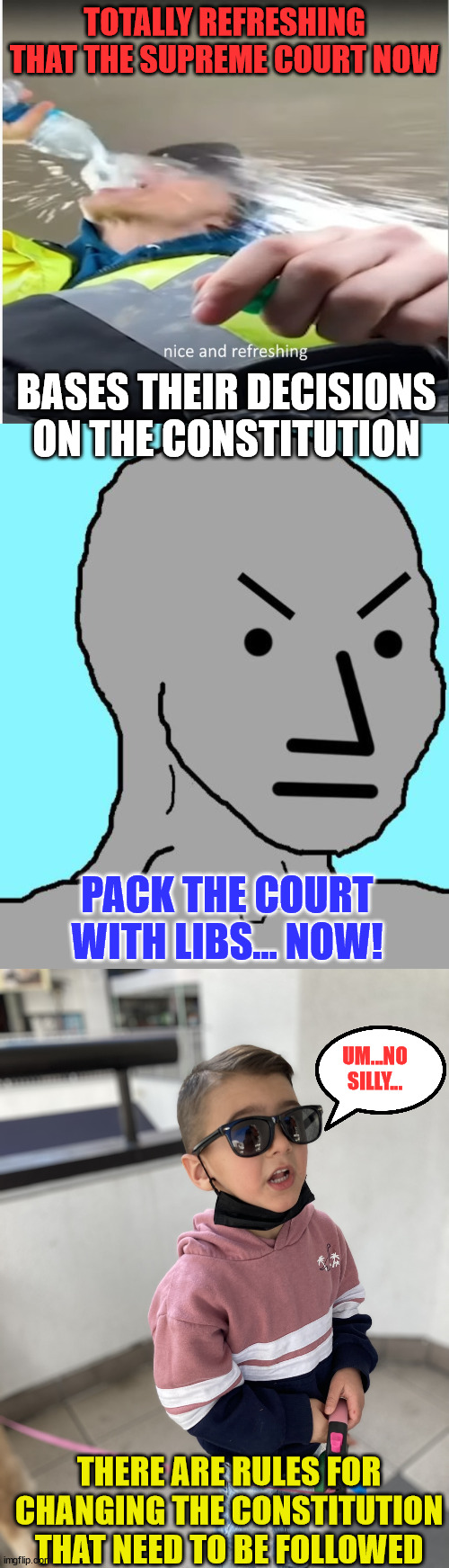 Adhere to the Constitution. It's what the Supreme Court is doing... | TOTALLY REFRESHING THAT THE SUPREME COURT NOW; BASES THEIR DECISIONS ON THE CONSTITUTION; PACK THE COURT WITH LIBS... NOW! UM...NO SILLY... THERE ARE RULES FOR CHANGING THE CONSTITUTION THAT NEED TO BE FOLLOWED | image tagged in nice and refreshing,npc meme angry,um no,scotus | made w/ Imgflip meme maker