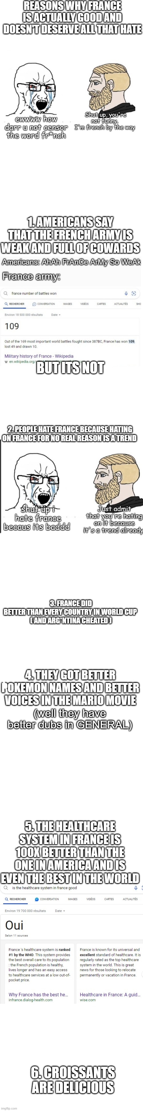 "France is bad" | (well they have better dubs in GENERAL); 5. THE HEALTHCARE SYSTEM IN FRANCE IS 100X BETTER THAN THE ONE IN AMERICA AND IS EVEN THE BEST IN THE WORLD; 6. CROISSANTS ARE DELICIOUS | image tagged in france | made w/ Imgflip meme maker