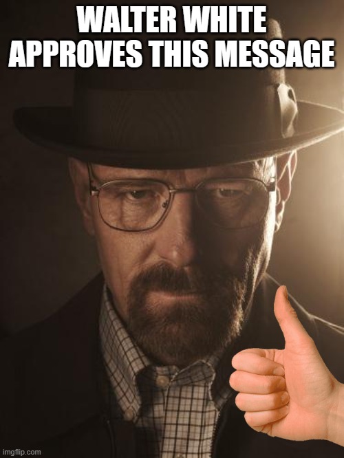 Walter White | WALTER WHITE APPROVES THIS MESSAGE | image tagged in walter white | made w/ Imgflip meme maker
