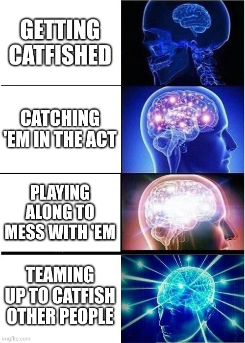 Expanding Brain Meme | GETTING CATFISHED; CATCHING 'EM IN THE ACT; PLAYING ALONG TO MESS WITH 'EM; TEAMING UP TO CATFISH OTHER PEOPLE | image tagged in memes,expanding brain,catfish | made w/ Imgflip meme maker