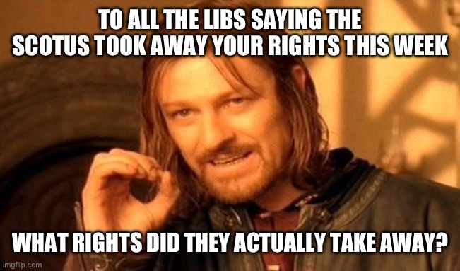 One Does Not Simply | TO ALL THE LIBS SAYING THE SCOTUS TOOK AWAY YOUR RIGHTS THIS WEEK; WHAT RIGHTS DID THEY ACTUALLY TAKE AWAY? | image tagged in memes,one does not simply | made w/ Imgflip meme maker