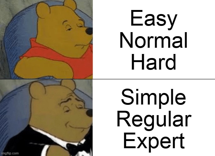 The superior difficulties | Easy
Normal
Hard; Simple
Regular
Expert | image tagged in memes,tuxedo winnie the pooh | made w/ Imgflip meme maker