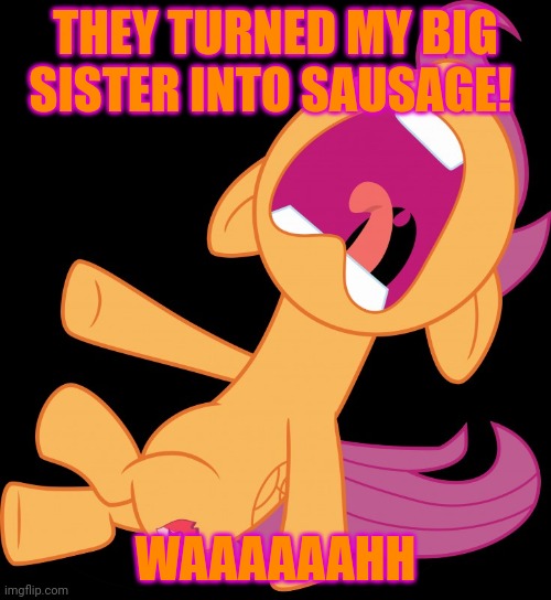 Frightened Scootaloo | THEY TURNED MY BIG SISTER INTO SAUSAGE! WAAAAAAHH | image tagged in frightened scootaloo | made w/ Imgflip meme maker