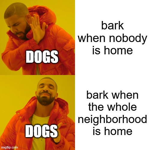 free Buljol | bark when nobody is home; DOGS; bark when the whole neighborhood is home; DOGS | image tagged in memes,drake hotline bling | made w/ Imgflip meme maker